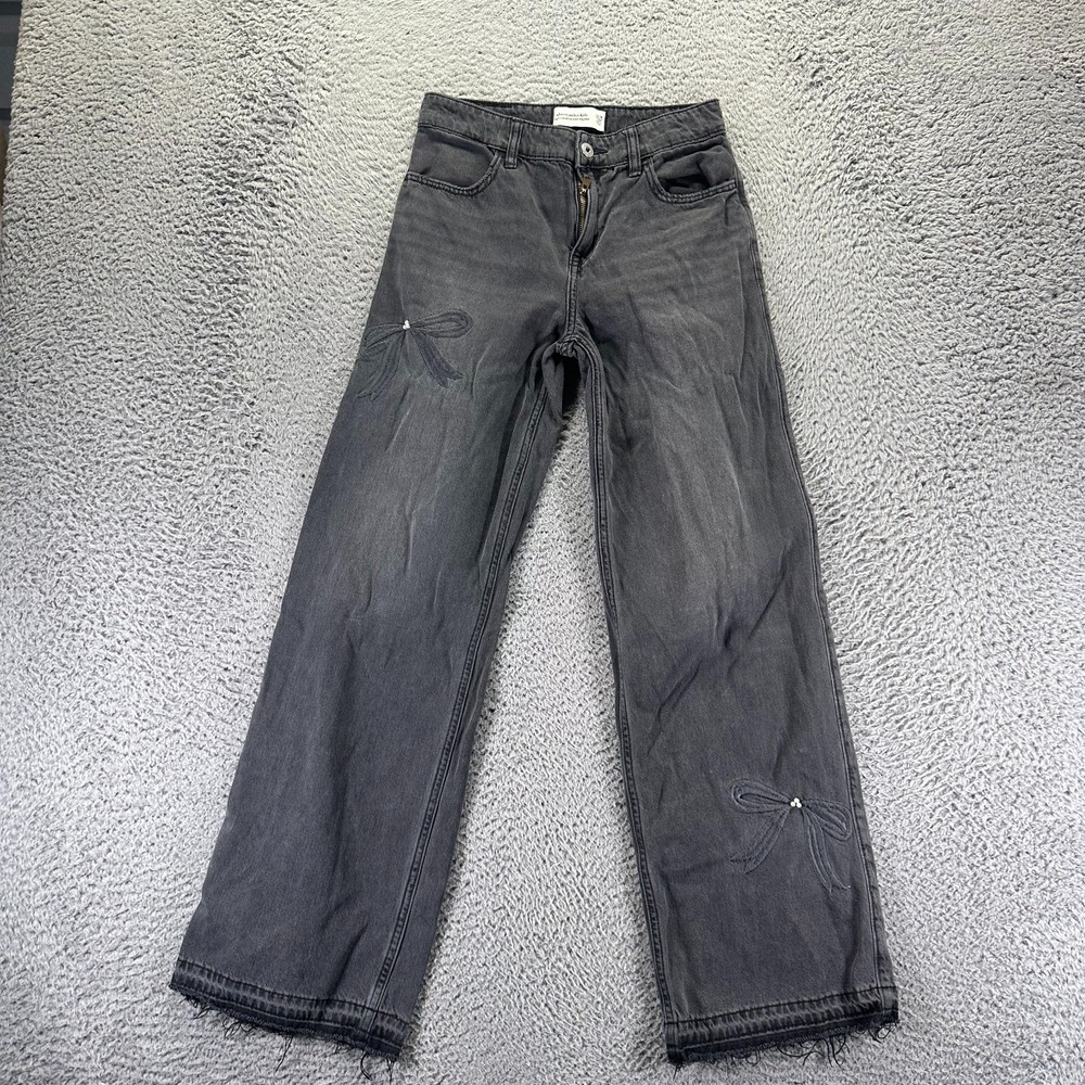 Abercrombie & Fitch Girls' Gray Wide-Leg Jeans with Bow Embroideries